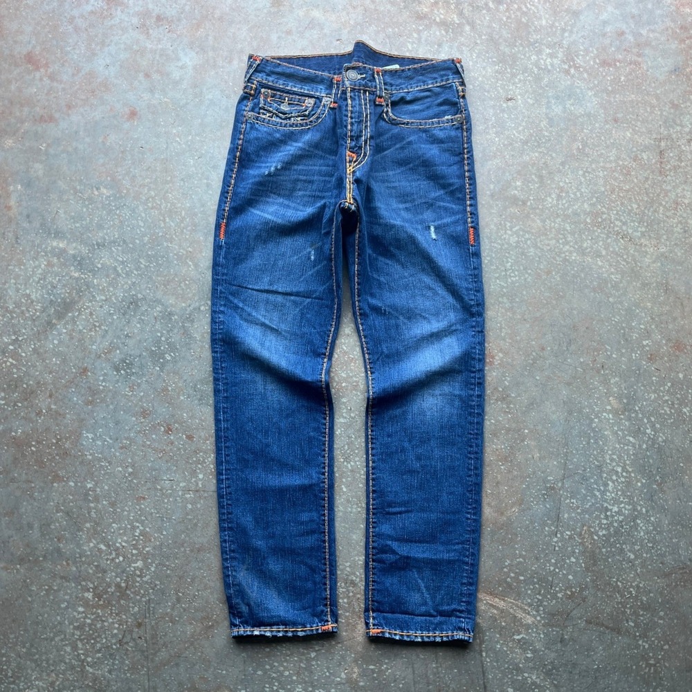 True Religion Geno Super T Relaxed Slim Jeans Indigo Aged Thick Stitch Mens 36 - Picture 4 of 14